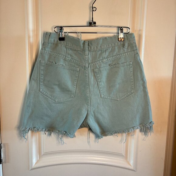 NY Line High Waisted Distressed Sky Blue Canvas Shorts - Picture 2 of 3
